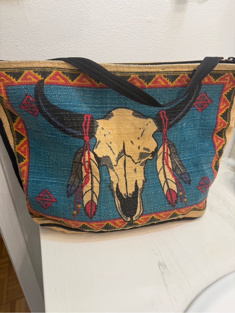 VINTAGE Southwestern Canvas Tote Bag with Skull Motif